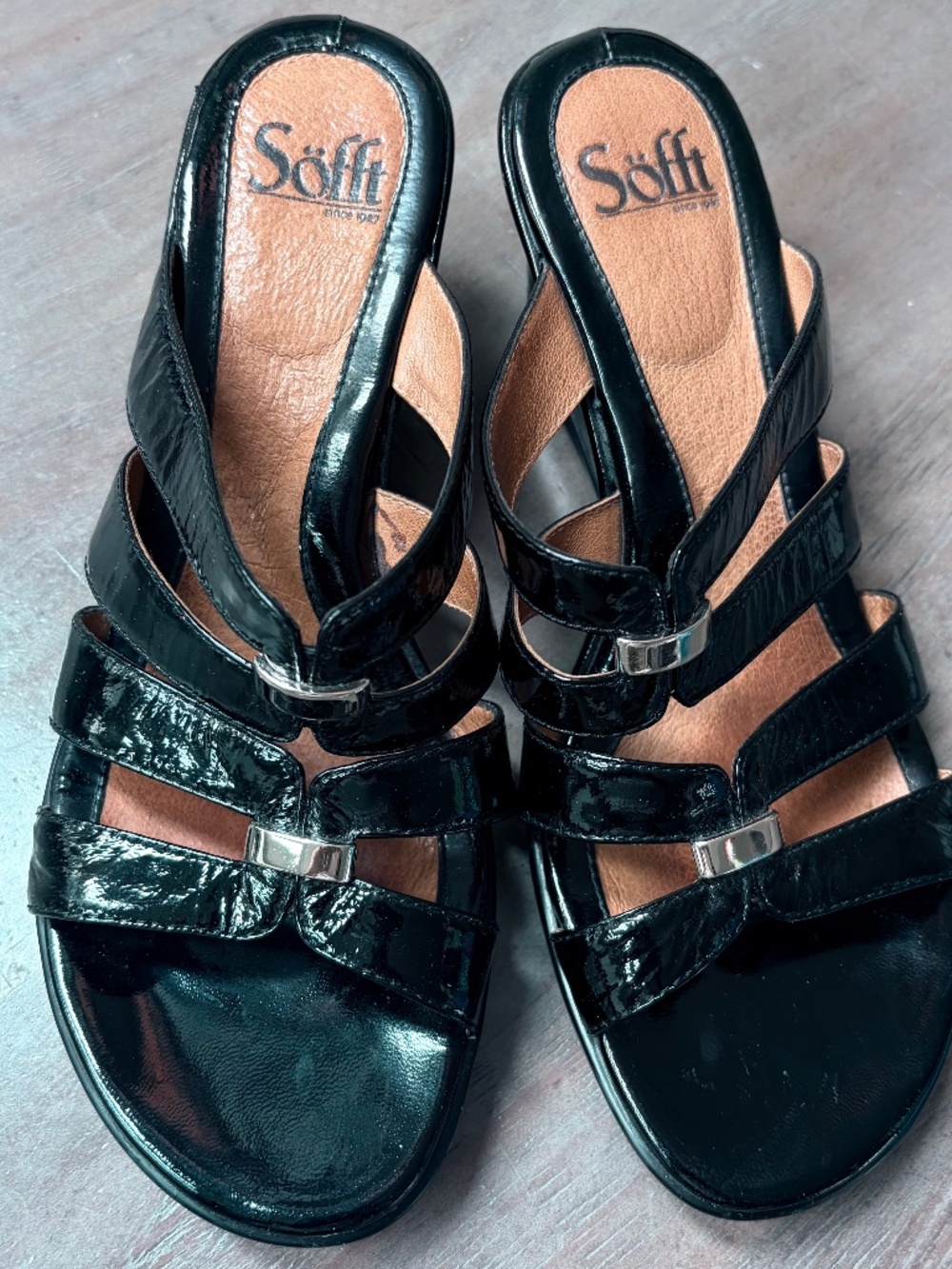 Sofft black patten leather, strappy wedge sandals.